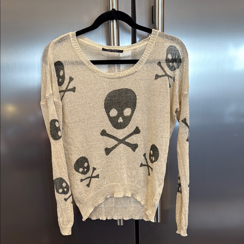 Cream and Black Crew Neck Sweater with Skull Design